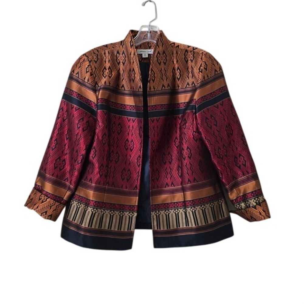 Coldwater Creek Women Ikat Geometric Jacquard Open Front Blazer Copper Red P12